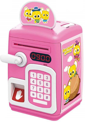 

spincart Musical Kids Piggy Savings Bank with Finger Print Sensor & Solitaire Stickers Coin Bank(Pink)