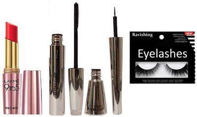 

ravishing Eyelashe , Mac Broock Candy Eyeliner & Mascara with Lakme Red Lipstick(Set of 4)