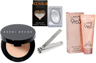 

tiara Silicon Puff , bobbi brown corrector concealer , nail Clipper, Lakme Weightless Mousse Foundation(Set of 4)