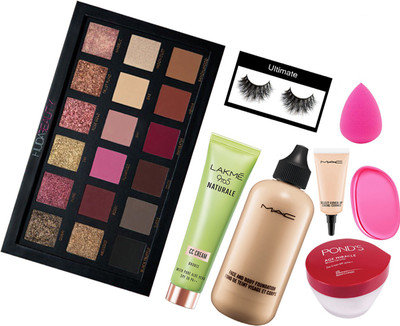 

Ultimate Eyelashes&Mac Face&Body Foundation&Lakme 9To5Naturale CC Cream&Huda Beuty Rose Gold 18Shade Palette&Mac Select CoverUp Concealer&Sponge Puff&Slicon Puff&Ponds Age Miracle Wrinkle Corrector Day Cream Spf 18 Pa++(Set of 8)