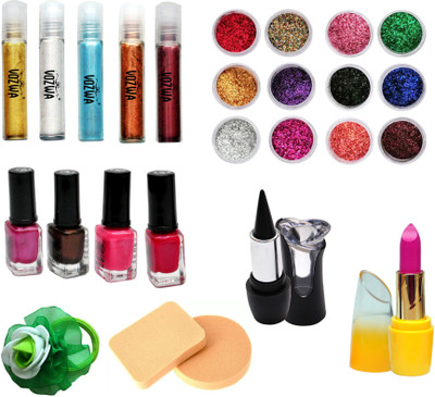 

Vozwa Roll On Shimmer Powder, Nail Arts Glitter Powder, Nail Paint, Kajal, Lipstick, Puff and Band (combo of 25)(Set of 25)