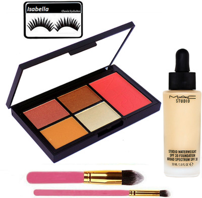 

ISABELLA Eyelashes & Nars 4 Shades Eye Shadow,1 Shade Blusher Palette & 2 Makeup Brush & Mac Studio Water Weight Foundation(Set of 5)