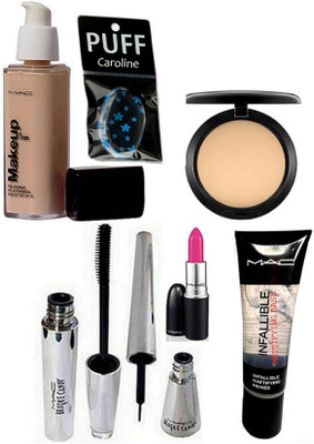 

caroline silicone Puff, Makeup Pro Long wear foundation, compact, Candy yum-yum Lipstick, Brooke Candy Liner+Mascara & Mattifying Base Primer(Set of 7)