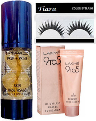 

tiara Eyelashes,Mac Prep+Prime Skin Base Visage Primer,Lakme Weightless Mousse Foundation(Set of 3)