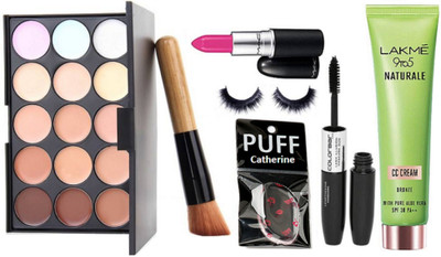 

catherine silicon Puff, Mac 15 Shade Concealer Palette,Candy Yum-yum Lipstick, Brush,Eyelashes & Colorbar 2 in 1 Eyeliner+ Mascara with lakme 9to5 natural CC cream(Set of 7)