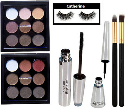 

catherine Eyelashes, mac 9 Shade EyeShadow palette & Brook candy Eyeliner & Mascara with 2 makeup brush,(Set of 7)