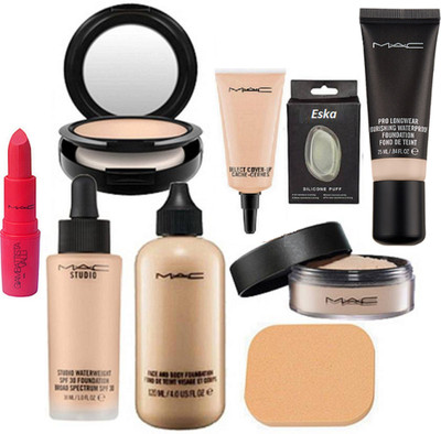 

eska Silicon Puff2,Mac Prolongwear Nourishing Foundation,Studio Fix Compact,Face & Body Foudnation,Studio Waterweight Foundation With Select Coveup Concealer,Giambattista valli Lipstick,Loose Powder Comapact(Set of 9)