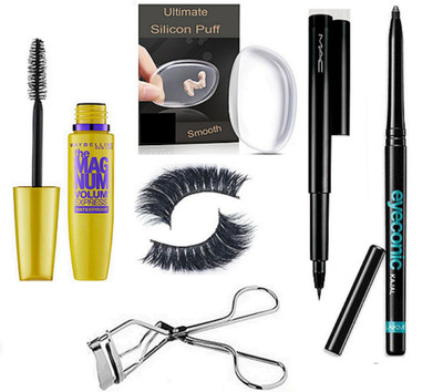 

Ultimate Silicon Puff With The Magnum Volume Express Mascara,Mac Pen Eyeliner,Eyeconic Kajal,Eyelashes,Eyelashes Curler(Set of 6)