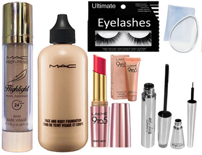 

Ultimate Eyelashes&Mac Prep+Prime Highlight &Face&Body Foundation&Slicon Puff&Lakme 9To5 Lipstick&Lakme 9To5 Mousse&Brooke Candy Eyeliner&Mascara(Set of 8)