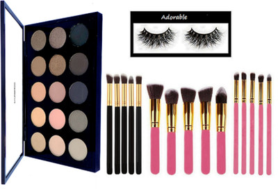 

Adorable eyelashes, mac 15 shade eye shadow palette and makeup brush pack of 15(Set of 17)