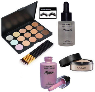 

Pink rebellion Eyelashes & 15 Shades Concealer Palette & Loose powder & Prep+Prime Highlight & Primer Oil & Makeup Brush Pack Of 4(Set of 9)