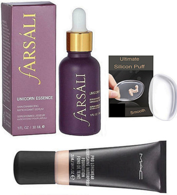 

Ultimate Silicon Puff & Farsali Unicorn Essence Face Serum,Mac Pro Longwear Foundation(Set of 3)