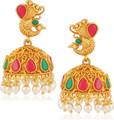 MEENAZ Temple Jewellery Sets Traditional Matte Gold Kundan Pearl Stylish Wedding Ruby Green Peacock Jhumka/Jhumki Earrings for women/girls Emerald, Pearl, Ruby Copper, Brass Jhumki Earring