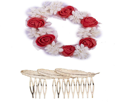 

Chooz Designer Studio Beautiful Gajra for Hair and Golden Leaf Comb Hair Clip Bun Clip, Hair Claw, Hair Accessory Set(Red)