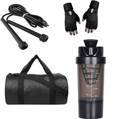 

style pro Combo of black leather look gym bag,Black gloves,Black Cyclone Shaker and Black Skipping rope Gym & Fitness Kit