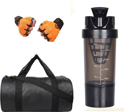 

style pro Combo of black leather look gym bag,Orange gloves and Black Cyclone Shaker Gym & Fitness Kit