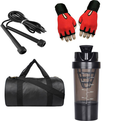 

style pro Combo of black leather look gym bag,Red gloves,Black Cyclone Shaker and Black Skipping rope Gym & Fitness Kit