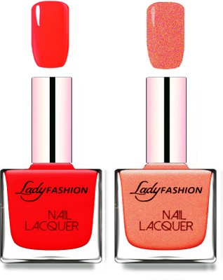 Lady Fashion Cube Shaped Made In India Nail Polish Juicy Red, Orange Silk(Pack of 2)
