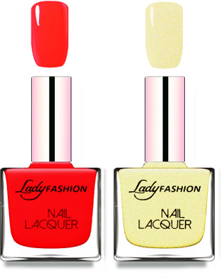 

Lady Fashion Cube Shaped Made In India Nail Polish Juicy Red, Mettalic Gold(Pack of 2)