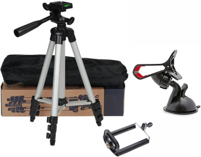 

casadomani Tripod-3110 Portable Adjustable Aluminium High Quality Lightweight Camera Stand With Three-Dimensional Head & Quick Release Plate For Video Cameras and mobile with Universal Car Mobile Holder Tripod(Silver & Black, Supports Up to 1500)