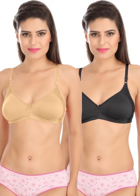 SONA M1005 Everyday Seamless Full Support Side Lace Women T-Shirt Non Padded Bra(Black, Beige)