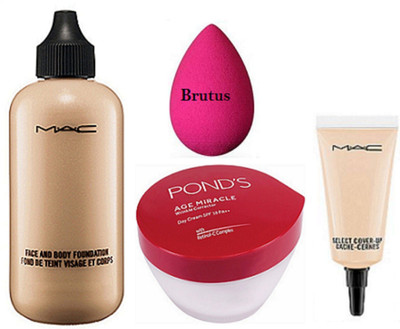 

BRUTUS Sponge Puff, Mac Face and Body Foundation, Select Cover-up Cache Cernes Concealer, Ponds Age Miracle Wrinkle Corrector Cream(Set of 4)