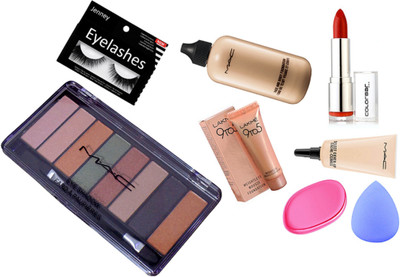 

jenney Eyelashes & Mac Eyeshadow Palette & Silicon Puff & Sponge Puff & Lakme 9 To 5 Mousse & Select Cover-Up Concealer & Face And Body Foundation & Colorbar Lipstick(Set of 8)