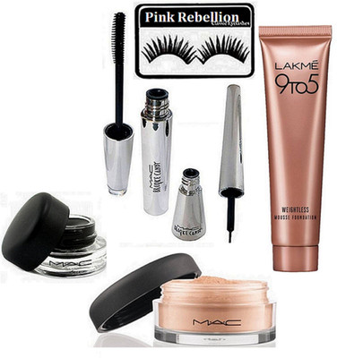

Pink Rebellion Eyelashes & Mac Brooke Candy Eyeliner+mascara & lakme 9 To 5 Weightless Mousse Foundation & Gel Eyeliner & Loose Powder(Set of 6)