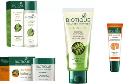 

BIOTIQUE BIO Neem Purifying Face Wash, Papaya Revitalizing Tan-Removal Scrub, Morning Nectar Flawless Skin Moisturize,LIP BALM(Set of 4)