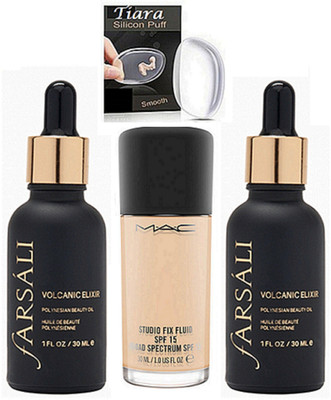 

tiara Silicon Puff , Mac Studio Fix Flud Foundation , Volcanic Elixir Pack Of 2(Set of 4)