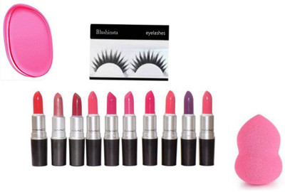 

Blushinsta Combo kit of Mac Lipstick Set 10 , Sponge puff, silicon puff with Eyelashes(Set of 13)