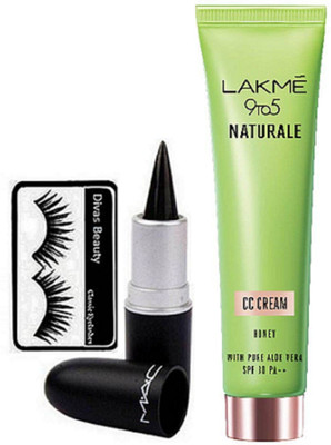 

divas beauty Eyelashes, Mac Stick Dark Black Kajal, Lakme 9 to 5 Naturale CC Cream(Set of 3)