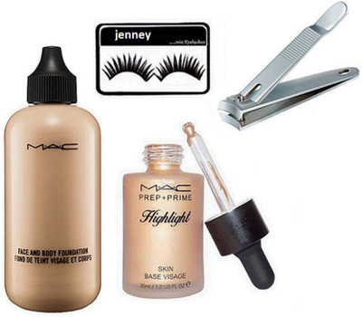 

jenney eyelashes, face & body foundation , highlighter , nail cutter(Set of 4)