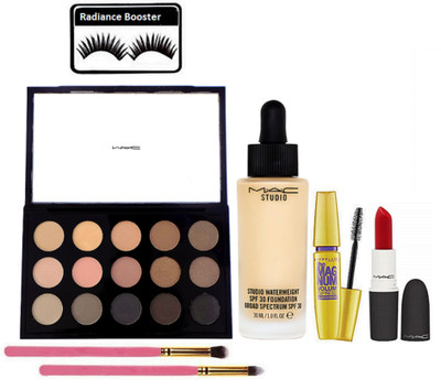 

radiance booster Eyelashes & Mac 15 Shades Eye Shadow Palette With Make Up Brush 2 & Studio Water Weight Foundation & Lipstick & Maybelline The Magnum Mascara(Set of 7)