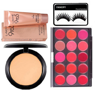 

Fancify eyelashes , compact with mousse foundation & 15 shades lip palette(Set of 4)