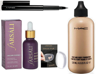 

Ultimate Silicon Puff With Mac Face And Body Foundation &Pen Eyeliner, Farsali Unicorn Essence Face Serum(Set of 4)
