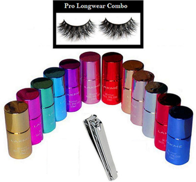 

pro longwear combo Eyelashes, Lakme Mirror Nail Paint (Pack of 12), Nail Cutter(Set of 14)
