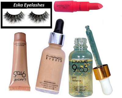 

eska Eyelashes&Lakme 9 To 5 Mossue Foundation, 9to5 Gold radiance serum,Mac Giambattista valli Matte FInish Lipstick,Waterweight Foundation(Set of 5)