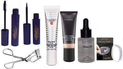 

Ultimate Silicon Puff With Mac Pro longwear Foundation & Lightfull Tinted Cream SPF 30,padma liquid Eyeliner,mascara,Eyelashes Curler(Set of 7)