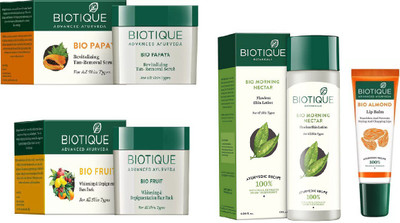 

BIOTIQUE BIO Morning Nectar Flawless Skin Moisturizer, Fruit Whitening & Depigmentation Face Pack, Papaya Revitalizing Tan-Removal Scrub, LIP BLAM(Set of 4)