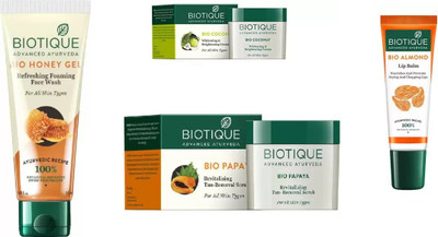 

BIOTIQUE BIO Honey Gel Face Wash, Papaya Revitalizing Tan-Removal Scrub, Coconut Whitening & Brightening Cream , LIP BLAM(Set of 5)