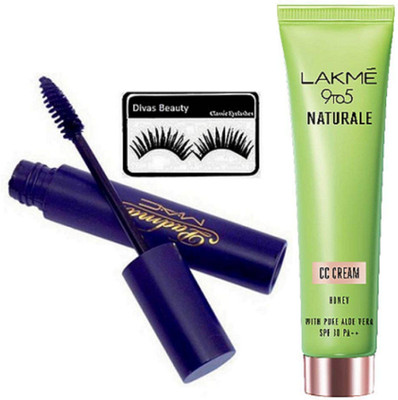 

divas beauty Eyelashes & Mac Padma Mascara, Lakme 9 to 5 Naturale CC Cream(Set of 3)