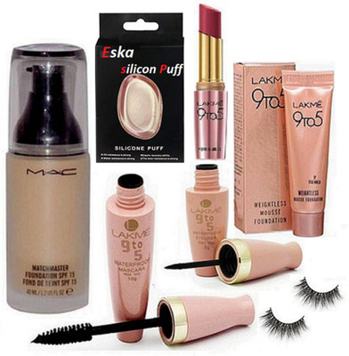 

eska Silicon Puff,Mac Matchmaster Foundation,Lakme 9 To 5 Lipstick,Liner Mascara,Mossue Foundation, Eyelashes(Set of 7)