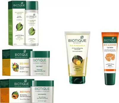 

BIOTIQUE BIO Morning Nectar Flawless Skin Moisturizer, Pineapple Oil Control Foaming Face Wash, Papaya Revitalizing Tan-Removal Scrub, Fruit Whitening & Depigmentation Face Pack, LIP BALM(Set of 5)