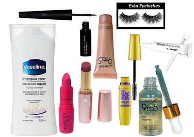 

eska Eyelashes,Glue,Mac Giambattista valli Matte FInish Lipstick,Liquid Eyeliner,9 to 5 Weightless Mousse Foundation,Lakme 9to5 Gold radiance serum,Lipstick,Maybelline the mag num mascara,Vaseline Intensive Care Adcanced Repair Lotion(Set of 9)