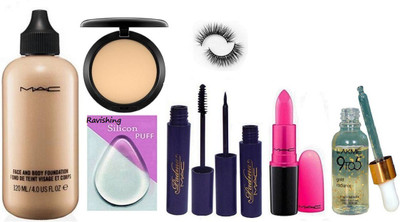 

ravishing Silicon Puff Mac Padma Eyeliner , Mascara , Foundation , Pink Lipstick , Gold Raidence Serum with Fix Studio Compact with Eyelashes(Set of 8)
