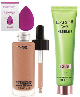 

divas beauty sponge puff & mac studio waterweight foundation, Lakme 9 to 5 Naturale CC Cream(Set of 3)