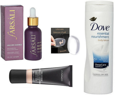 

Ultimate Silicon Puff & Essence Face Serum, Pro Longwear Foundation, Body Lotion(Set of 4)