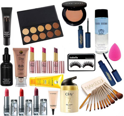 

ISABELLA Eyelashes , 10 Shades Concealer Palette , Prep+Prime BB Beauty Balm Cream , Hyper real Foundation , Select Cover Up Concealer , Padma Eyeliner & Mascara , Sponge Puff , Bobbi Brown Concealer , Makeup Remover , Lakme 9To5 Sun Expert Sunscreen , B.