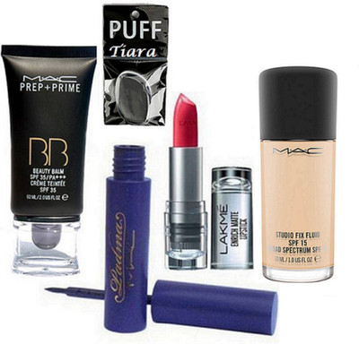 

tiara Silicon puff & Mac Padma Liquid Eyeliner, Prep+Prime BB BEauty Balm Cream Foundation & enrich Matte Finish Long Lasting Lipstick , Studio Fix Foundation(Set of 5)